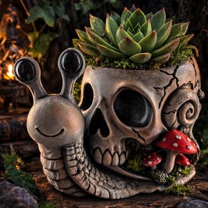 May include: A detailed skull-shaped planter with a snail attached, filled with a green succulent and moss. Red and white mushrooms decorate the side. The planter is made of a grey material, perfect for a gothic garden.