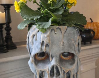 Gothic Skull Planter – Dripping Wax Skull Pot – Dark Cottagecore Plant Decor