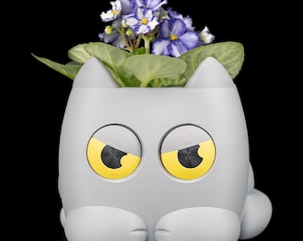 Grumpy Kitty Self-Watering Planter | Judging Cat with Moving Eyes, 3D Printed Decor