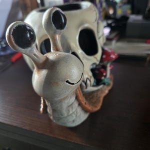 May include: A ceramic sculpture featuring a light gray snail with black eyes and a smiling mouth, positioned in front of a beige human skull. The skull is decorated with small red and white mushrooms nestled near the base of the snail's shell.