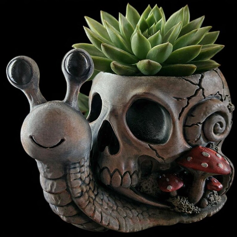 May include: A brown, textured snail-shaped planter featuring a human skull shell with cracks, two small red mushrooms with white spots at the base, and a green succulent plant growing from the top of the skull against a black background.