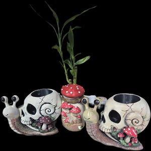 May include: Two snail-shaped planters with off-white skull shells featuring cracked textures and red mushroom accents, positioned on either side of a cylindrical container decorated with red mushrooms and topped with a green bamboo plant.