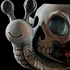 May include: A gray, textured snail figurine with a smiling face and two eye stalks. The snail shell is shaped like a human skull with hollow eye sockets and a nasal cavity. A small red mushroom with white spots is visible near the base of the skull.
