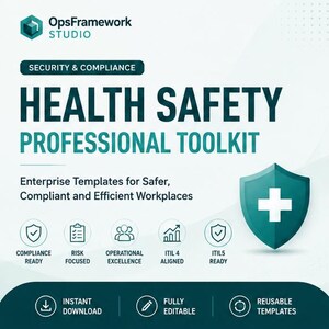 May include: A digital graphic for the OpsFramework Studio Health Safety Professional Toolkit. The text reads: Security & Compliance, Health Safety Professional Toolkit, Enterprise Templates for Safer, Compliant and Efficient Workplaces.