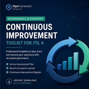 Puede incluir: Un kit de herramientas digital para ITIL 4 titulado Continuous Improvement, con fondo azul oscuro, texto blanco, un gráfico de flechas circulares en azul y verde, y un gráfico de barras. Incluye plantillas para mejora de servicios y lecciones.