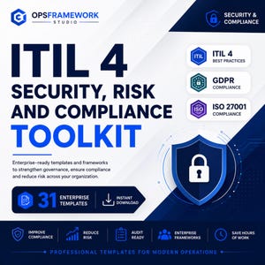 May include: A digital graphic for an ITIL 4 Security, Risk and Compliance Toolkit by OpsFramework Studio. It features a blue shield icon with a white padlock, text listing ITIL 4, GDPR, and ISO 27001 compliance, and 31 enterprise templates.