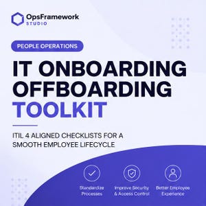 Pode incluir: Um gráfico digital para um kit de ferramentas de integração e desligamento de TI da OpsFramework Studio. O texto diz IT ONBOARDING OFFBOARDING TOOLKIT e ITIL 4 ALIGNED CHECKLISTS FOR A SMOOTH EMPLOYEE LIFECYCLE, com ícones de processos e segurança.