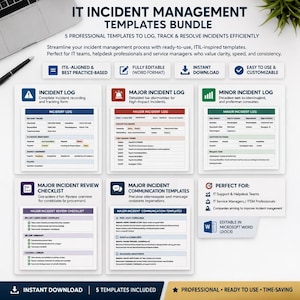 Pode incluir: Um pacote de modelos de gerenciamento de incidentes de TI. A imagem mostra cinco modelos profissionais para registrar, rastrear e resolver incidentes de forma eficiente. Os modelos são compatíveis com ITIL, totalmente editáveis em formato Word e fáceis de usar. Inclui um registro de incidentes.