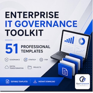 Op de afbeelding: Enterprise IT Governance Toolkit met 51 professionele sjablonen. De afbeelding toont een laptop met blauwe grafieken en diagrammen, naast blauwe en witte mappen. De tekst bevat Governance, Strategy, ITSM, Digital Transformation, Projects, Editable Templates, Instant Download en OpsFramework Studio.