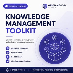 Puede incluir: Un gráfico digital para un Knowledge Management Toolkit de Opsframework Studio. Incluye el texto 'People Operations', 'Knowledge Management Toolkit' y 'Enterprise templates to build, organize and scale your knowledge ecosystem'.