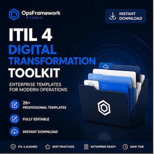 Pode incluir: Um gráfico de produto digital para o kit de ferramentas de transformação digital ITIL 4 da OpsFramework Studio. A imagem apresenta um ícone de pasta azul-escura com abas brancas e azuis, junto com texto detalhando 26+ modelos profissionais.