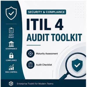 Op de afbeelding: Een digitale afbeelding voor een ITIL 4 Audit Toolkit met donkerblauwe en witte tekst. Iconen vertegenwoordigen beveiliging, auditgereedheid, governance, compliance, risicobeheersing, volwassenheidsbeoordeling en een auditchecklist met loep.