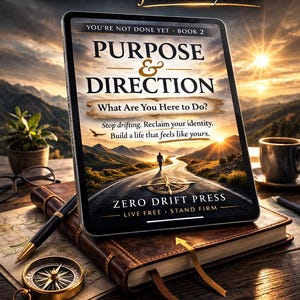 Op de afbeelding: Een digitale tablet toont de boekomslag "Purpose & Direction" met een weg die naar een zonsondergang leidt. De tablet ligt op een ledergebonden boek met een kompas, pen en kaart. De tekst luidt "Stop drifting. Reclaim your identity."