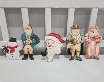 Vintage Tin Metal Santa Ornaments, Handpainted, Lot Of 5