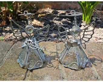 Vintage Clear Stained Glass Hanging Angel Ornaments, Playing Violin & Singing