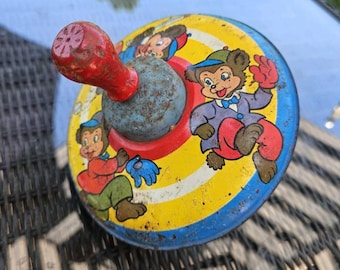 Vintage Mid Century Ohio Tin Toy Spinning Top Playful Mouse