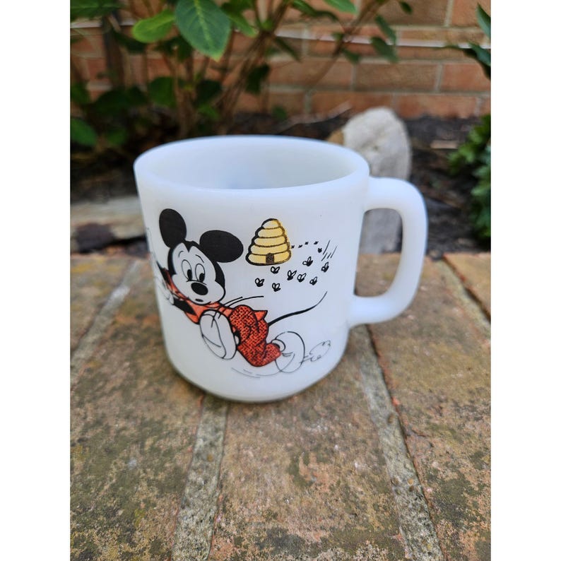Vintage Mickey Mouse Club Disney Libby Milk Glass Coffee Mug Mickey and Beehive image 1