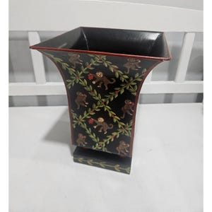 Vintage Toleware Vase or Cachepot Feat. Handpainted Monkeys & Vines