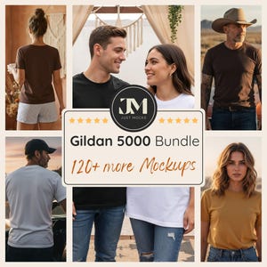 Könnte beinhalten: Eine Collage von Menschen, die verschiedene farbige Gildan 5000 T-Shirts tragen. Das Bild enthält ein Logo mit der Aufschrift "Just Mocks" und den Text "Gildan 5000 Bundle 120+ more Mockups". Die T-Shirts sind in Farben wie Schwarz, Weiß, Braun und Senfgelb.
