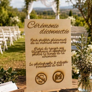 Peut inclure: Un panneau rectangulaire en bois clair avec le texte gravé au laser Cérémonie déconnectée, Pour profiter pleinement de ce moment avec nous, Merci de ranger vos téléphones et appareils photos le temps de la cérémonie, Le photographe & vidéaste s'occupent de tout!, accompagné de deux icônes circulaires représentant un smartphone et un appareil photo barrés.