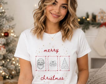 Weihnachts T-Shirt Damen – Merry Christmas Shirt mit Weihnachtsmann, Glocken & Tannenbaum – Festliches Christmas Shirt – Weihnachtsgeschenk