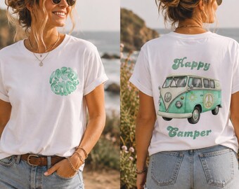 Happy Camper Shirt Unisex – Camiseta de camping con motivo Retro Camper Van & Bulli – Vanlife Geschenk – Festival Outfit – Sommer Urlaub