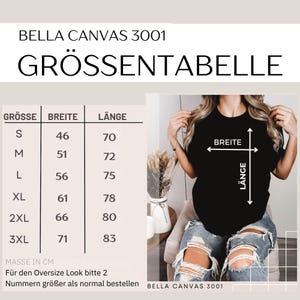 May include: A Bella Canvas 3001 size chart featuring a table with columns for size, width, and length in centimeters. The chart lists sizes S through 3XL with corresponding measurements. A black t-shirt is shown with arrows indicating width and length.