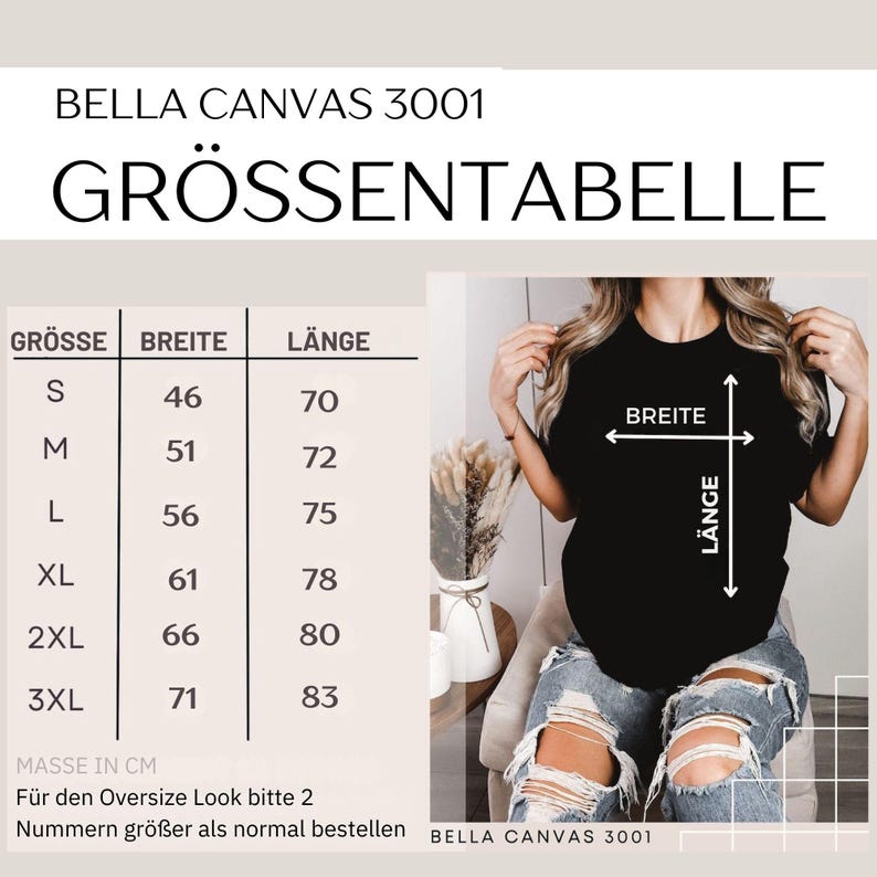 May include: A Bella Canvas 3001 size chart featuring a table with columns for size, width, and length in centimeters. The chart lists sizes S through 3XL with corresponding measurements. A black t-shirt is shown with arrows indicating width and length.