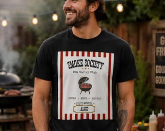 Personalisiertes BBQ Shirt Herren – Smoke Society BBQ Social Club T-Shirt mit Wunschname – Grillmeister Geschenk für Grillfans
