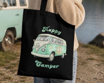 Happy Camper Stoffbeutel aus Bio-Baumwolle – Retro Camper Tasche, Vanlife Jutebeutel, Camping Geschenk, Hippie Boho Tragetasche