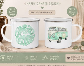 Happy Camper Emaille Tasse – Camping Tasse mit Vintage Van – Geschenk für Camper & Vanlife Fans – Outdoor Becher 350 ml