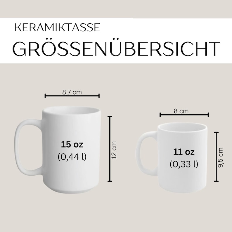 May include: Two white ceramic mugs with size specifications. The larger mug is 15 oz (0.44 l) with a height of 12 cm and diameter of 8.7 cm. The smaller mug is 11 oz (0.33 l) with a height of 9.5 cm and diameter of 8 cm. Text reads KERAMIKTASSE GR&Ouml;SSEN&Uuml;BERSICHT.