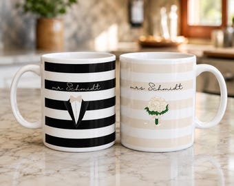 Personalisiertes Mr & Mrs Tassenset mit Namen, Hochzeitsgeschenk Brautpaar, Geschenk zur Hochzeit, Geschenkidee, Kaffeebecher, Tasse, Becher