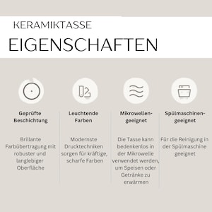 May include: An informational graphic titled KERAMIKTASSE EIGENSCHAFTEN with four circular icons. The icons represent a tested coating, vibrant colors, microwave safety, and dishwasher safety, each accompanied by descriptive German text.