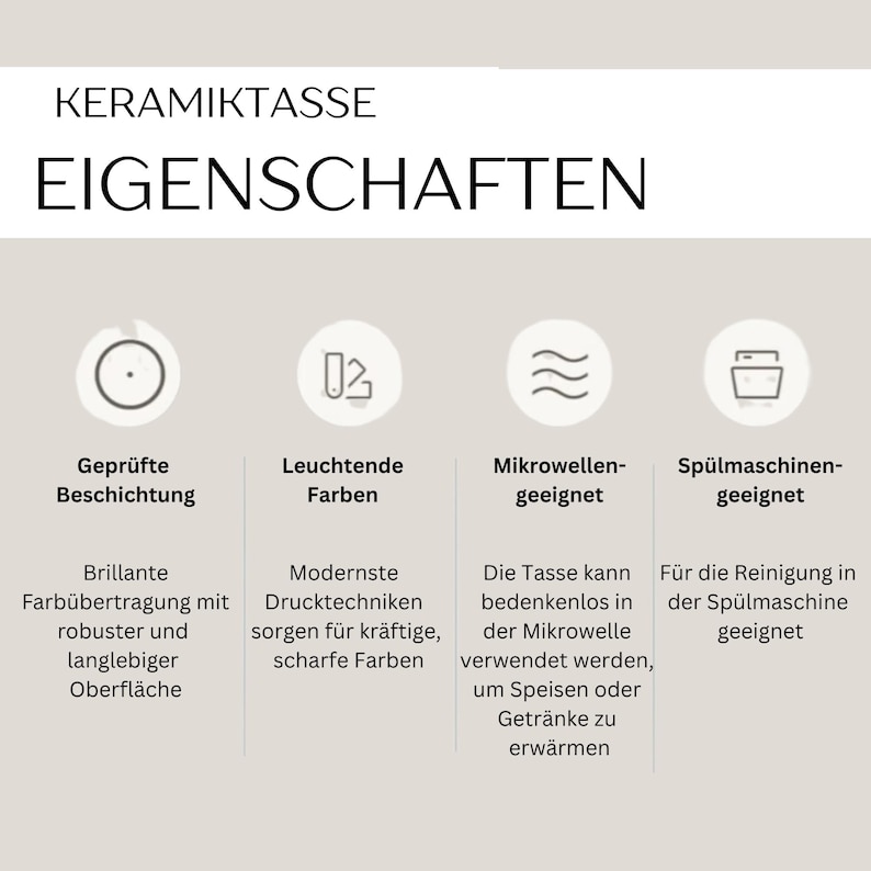May include: An informational graphic titled KERAMIKTASSE EIGENSCHAFTEN with four circular icons. The icons represent a tested coating, vibrant colors, microwave safety, and dishwasher safety, each accompanied by descriptive German text.