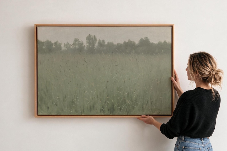 Sage Green Meadow Framed Canvas Print, Misty Landscape Wall Art | A329 ...