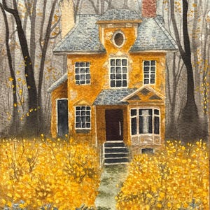 Könnte beinhalten: Aquarellmalerei eines gelben Hauses mit grauem Dach, umgeben von Bäumen und gelbem Laub. Das Haus hat mehrere Fenster und eine Veranda. Das Kunstwerk weckt ein Gefühl von Herbst und Ruhe.