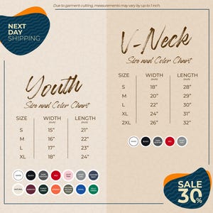 The image is a promotional graphic for a clothing store, displaying size and color charts for youth and V-Neck tops. The chart provides measurements for different sizes, including S, M, L, XL, and 2XL, along with corresponding widths and lengths. The image also includes a sale promotion of 30% off.