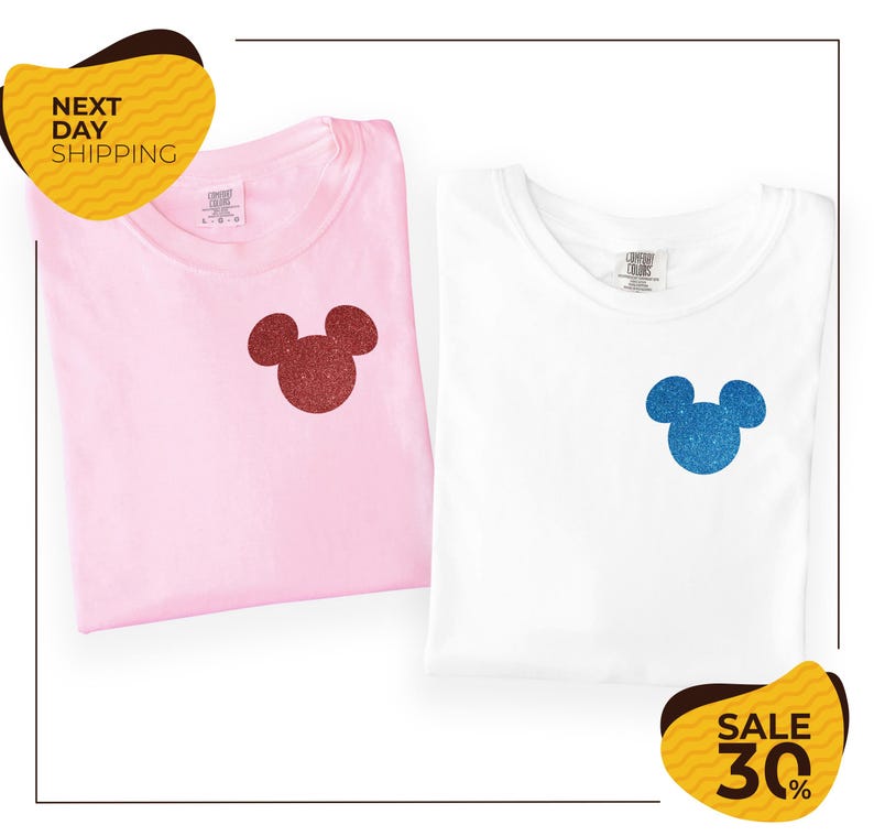 two t-shirts with Mickey Mouse designs, one pink and one white, along with a yellow and black sale label indicating a 30% discount.