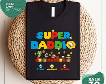 Camiseta personalizada de cumpleaños de Mario / Camiseta de Super Daddio / Camiseta de videojuegos personalizada para papá / Camiseta con nombres personalizados / Regalo divertido para papá gamer / Camiseta de Mario