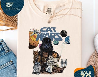 Camiseta Comfort Colors® Cat Wars Vintage de los 90 / Camiseta retro de gato espacial / Camiseta divertida de guerrero felino / Regalo para amantes de los gatos / Camiseta de ciencia ficción / Nerdy
