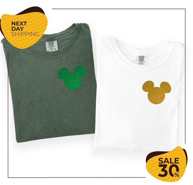 two t-shirts with Mickey Mouse designs, one green and one white, along with a yellow and black sale tag indicating a 30% discount.