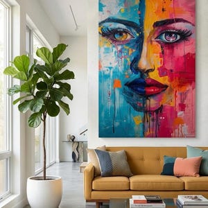 Lebendiges Porträt mit geteiltem Gesicht, modernes abstraktes Wandbild einer Frau, farbenfroher Leinwanddruck, Wohnzimmerdekoration, Seitenverhältnis 2:3, digitale Kunst