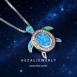 May include: A silver necklace featuring a turtle pendant with a blue opal center and accents. The pendant is surrounded by small, clear gemstones. The necklace is displayed against a dark blue background with the text "HEZALJEWERLY" and "Handcrafted Jeweller".