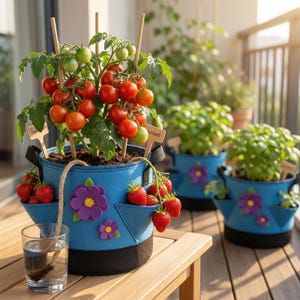 Könnte beinhalten: Ein blauer Stofftopf mit einer Tomatenpflanze und Erdbeeren. Der Topf hat einen schwarzen Boden, lila Blumenakzente und Holzpfähle zur Unterstützung der Tomatenpflanze. Ein Glas Wasser steht daneben.