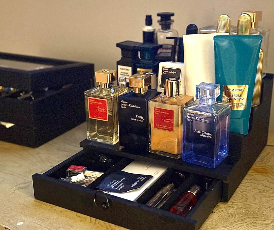 4-tier Wooden Cologne Organizer With Drawer, Hidden Storage Fragrance ...