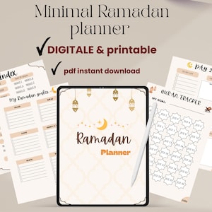 May include: A digital Ramadan planner with a minimalist design. The planner includes pages for goals, a Quran tracker, and daily to-do lists. The cover features the text "Ramadan Planner" with a crescent moon and lantern illustrations.