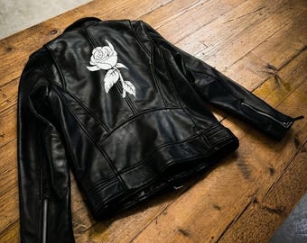 Men Black Biker Jacket, Personalized Rose Back Print, Custom Leather Coat Handmade