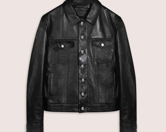 Leather Trucker Jacket, Classic Fit Coat, Handmade Sheepskin Casual wear