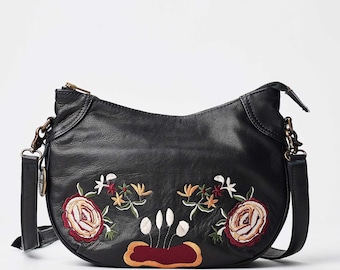 Handcrafted Embroidered Leather Bag, Full Grain Weekender Bag, Adjustable Shoulder Strap, Travel Carryall